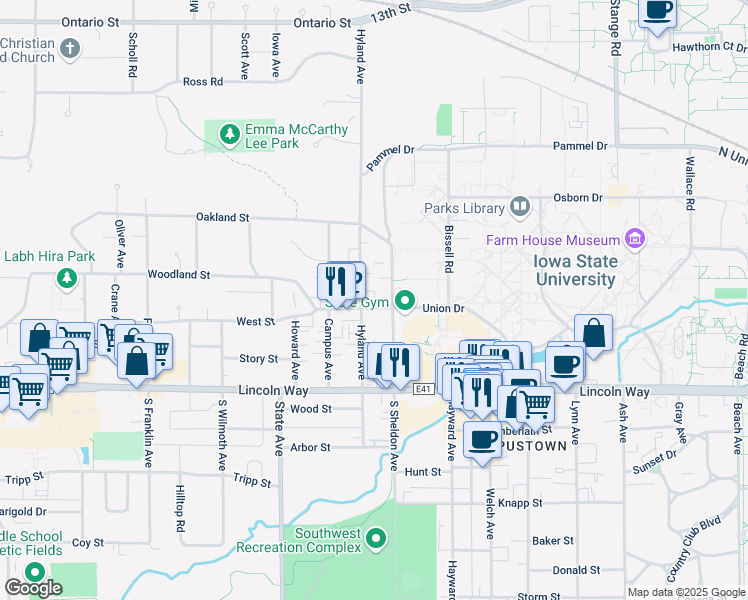 map of restaurants, bars, coffee shops, grocery stores, and more near 2721 West Street in Ames