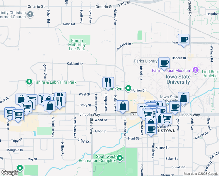 map of restaurants, bars, coffee shops, grocery stores, and more near 2823 West Street in Ames