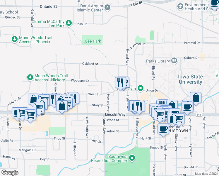 map of restaurants, bars, coffee shops, grocery stores, and more near 2921 Woodland Street in Ames