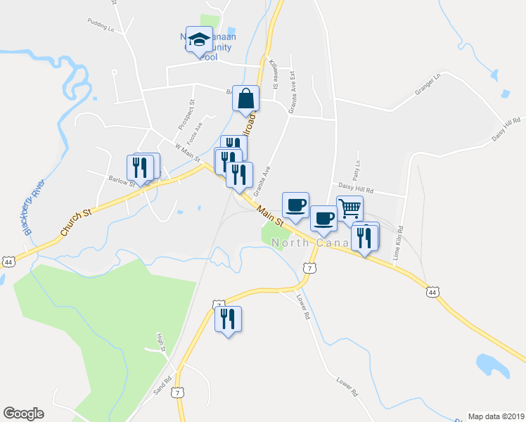 map of restaurants, bars, coffee shops, grocery stores, and more near 25 Main Street in Canaan