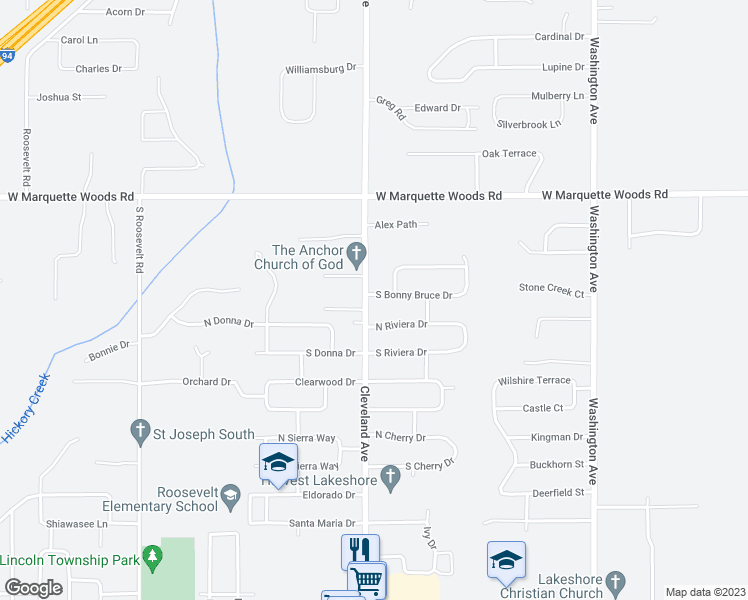 map of restaurants, bars, coffee shops, grocery stores, and more near 5079 Cleveland Avenue in Stevensville