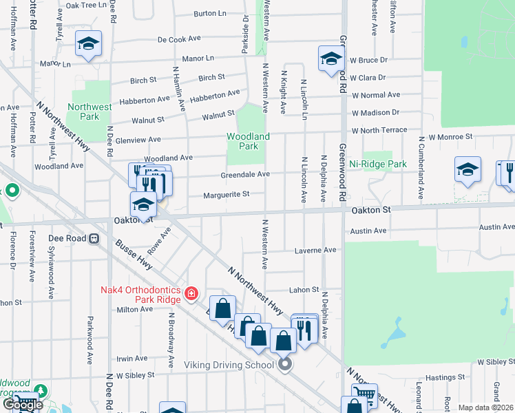 map of restaurants, bars, coffee shops, grocery stores, and more near 1506 Oakton Street in Park Ridge