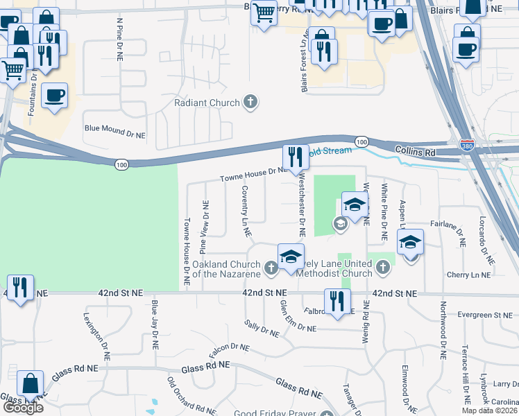 map of restaurants, bars, coffee shops, grocery stores, and more near 4605 Lancaster Drive Northeast in Cedar Rapids