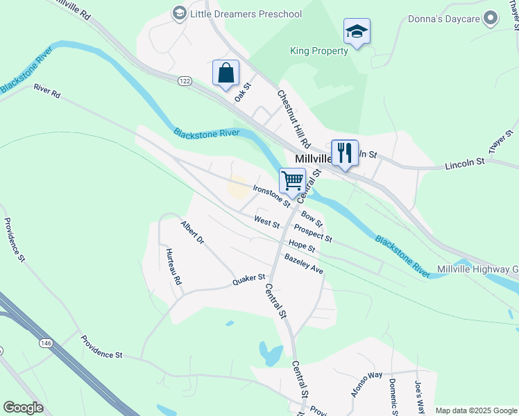 map of restaurants, bars, coffee shops, grocery stores, and more near Millville Heights in Millville