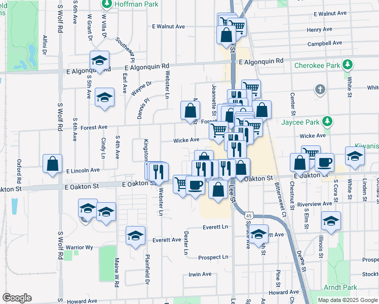 map of restaurants, bars, coffee shops, grocery stores, and more near 1000 Executive Way in Des Plaines