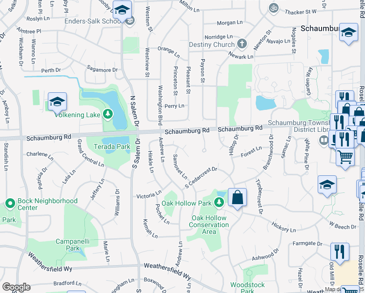 map of restaurants, bars, coffee shops, grocery stores, and more near 629 Tilipi Lane in Schaumburg