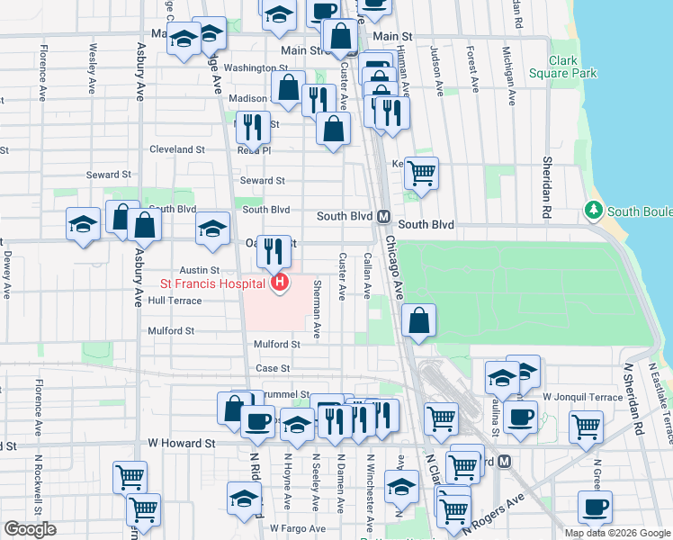 map of restaurants, bars, coffee shops, grocery stores, and more near 715 Austin Street in Evanston