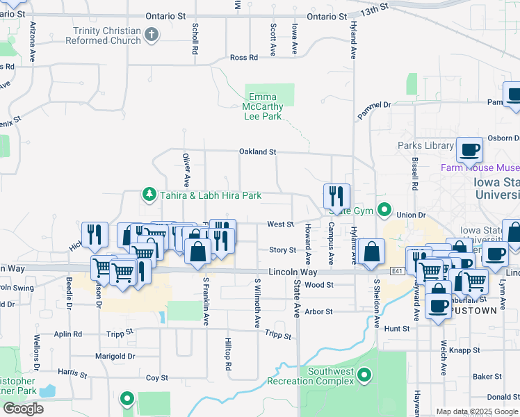 map of restaurants, bars, coffee shops, grocery stores, and more near 3242 Ellis Street in Ames