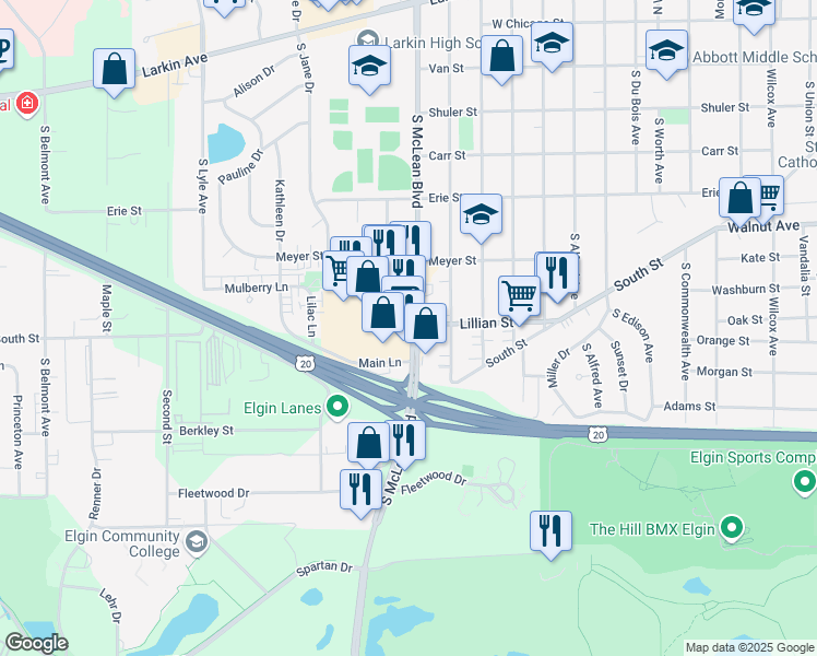 map of restaurants, bars, coffee shops, grocery stores, and more near 310 S McLean Blvd in Elgin