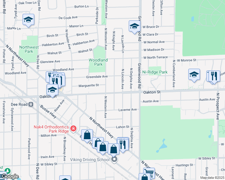 map of restaurants, bars, coffee shops, grocery stores, and more near 1420 Oakton Street in Park Ridge