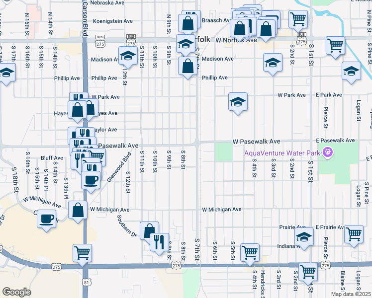 map of restaurants, bars, coffee shops, grocery stores, and more near 701 South 8th Street in Norfolk