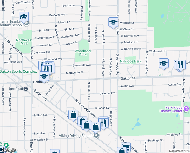 map of restaurants, bars, coffee shops, grocery stores, and more near 1420 Oakton Street in Park Ridge