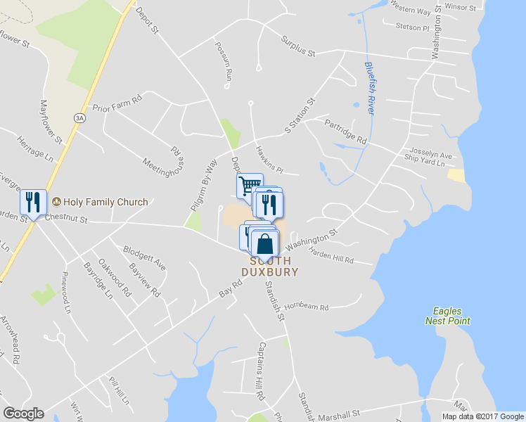 map of restaurants, bars, coffee shops, grocery stores, and more near 80 Bayberry Lane in Duxbury