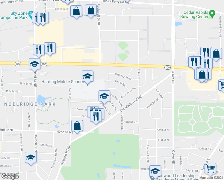 map of restaurants, bars, coffee shops, grocery stores, and more near 4414 Loraine Street Northeast in Cedar Rapids