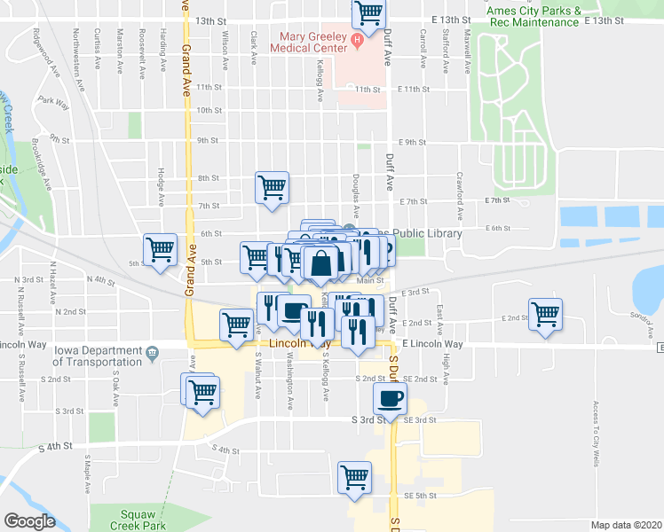 map of restaurants, bars, coffee shops, grocery stores, and more near 420 Kellogg Avenue in Ames