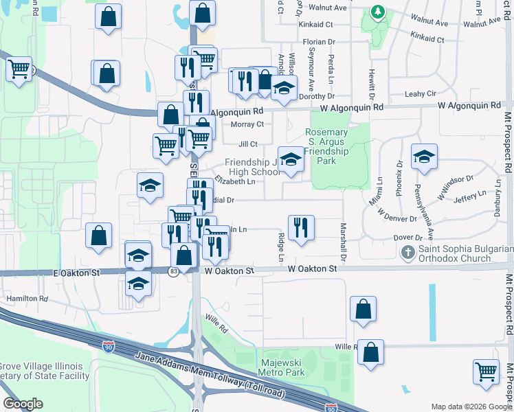 map of restaurants, bars, coffee shops, grocery stores, and more near 575 Cordial Drive in Des Plaines