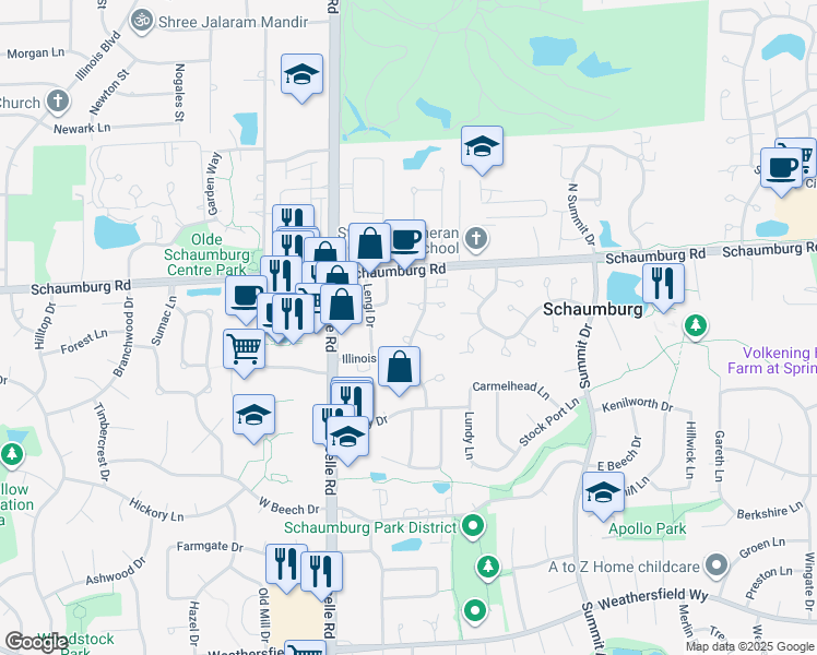 map of restaurants, bars, coffee shops, grocery stores, and more near 26 Waterbury Lane in Schaumburg