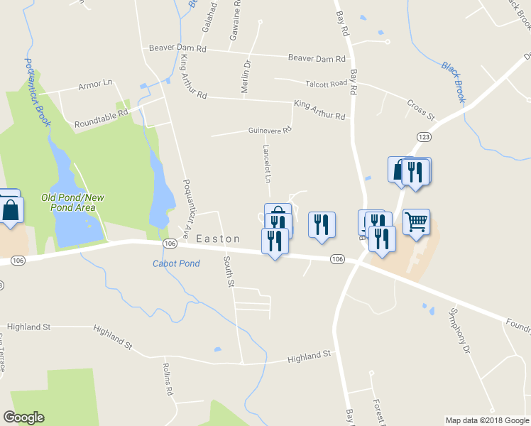 map of restaurants, bars, coffee shops, grocery stores, and more near 44 Gas Light Lane in Easton