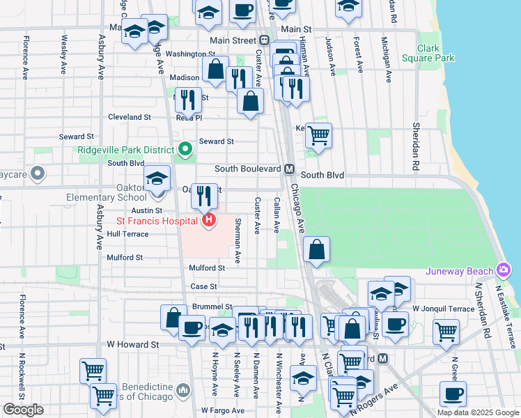 map of restaurants, bars, coffee shops, grocery stores, and more near 418 Callan Avenue in Evanston
