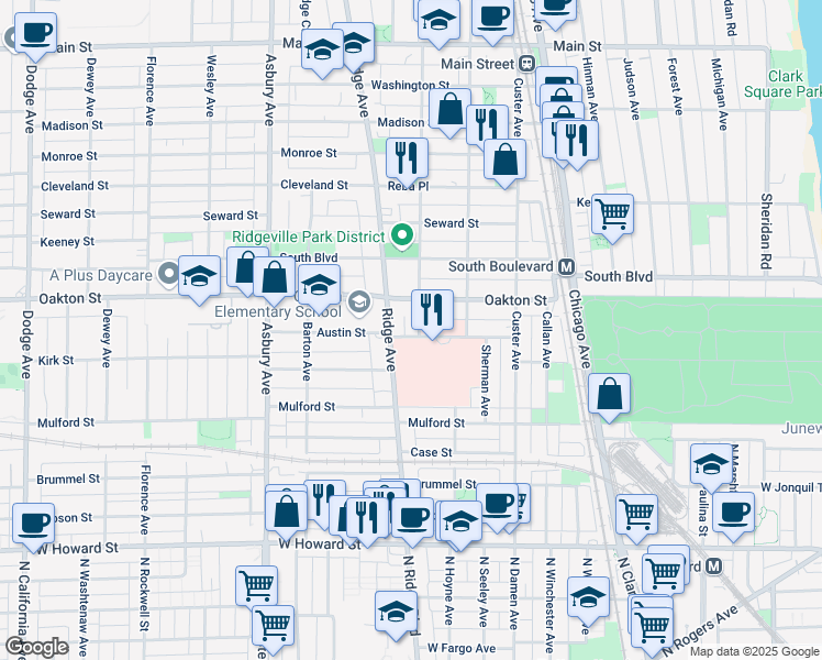 map of restaurants, bars, coffee shops, grocery stores, and more near 901 Austin Street in Evanston