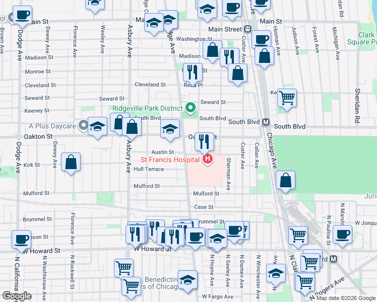 map of restaurants, bars, coffee shops, grocery stores, and more near 1000 Austin Street in Evanston