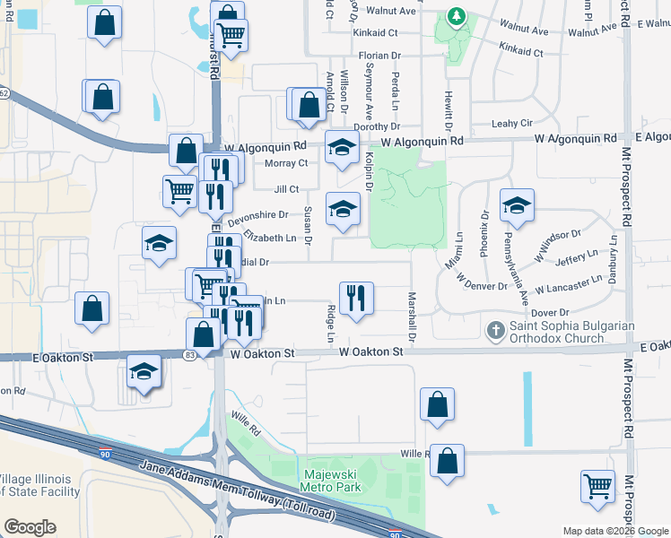 map of restaurants, bars, coffee shops, grocery stores, and more near 526 Courtesy Lane in Des Plaines