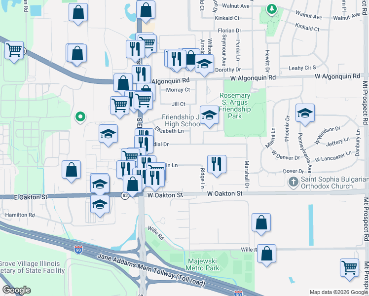 map of restaurants, bars, coffee shops, grocery stores, and more near 575 Cordial Drive in Des Plaines