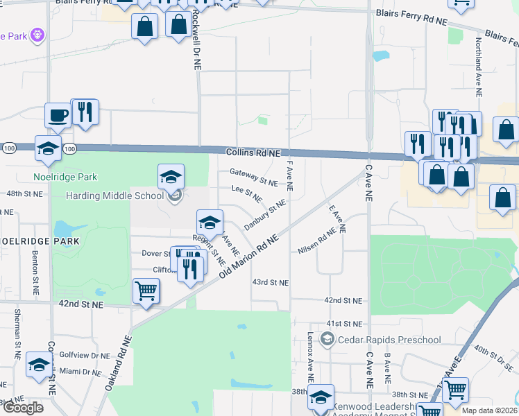 map of restaurants, bars, coffee shops, grocery stores, and more near 4403 Loraine Street Northeast in Cedar Rapids
