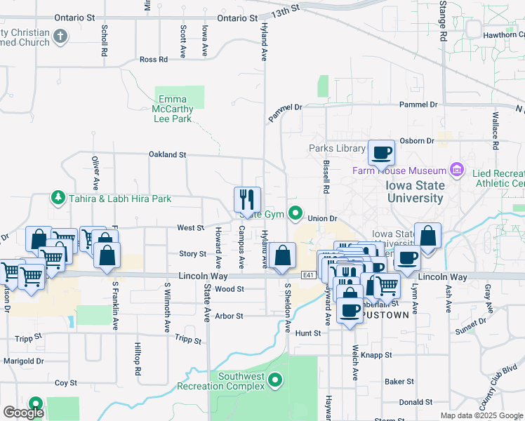 map of restaurants, bars, coffee shops, grocery stores, and more near 2721 West Street in Ames