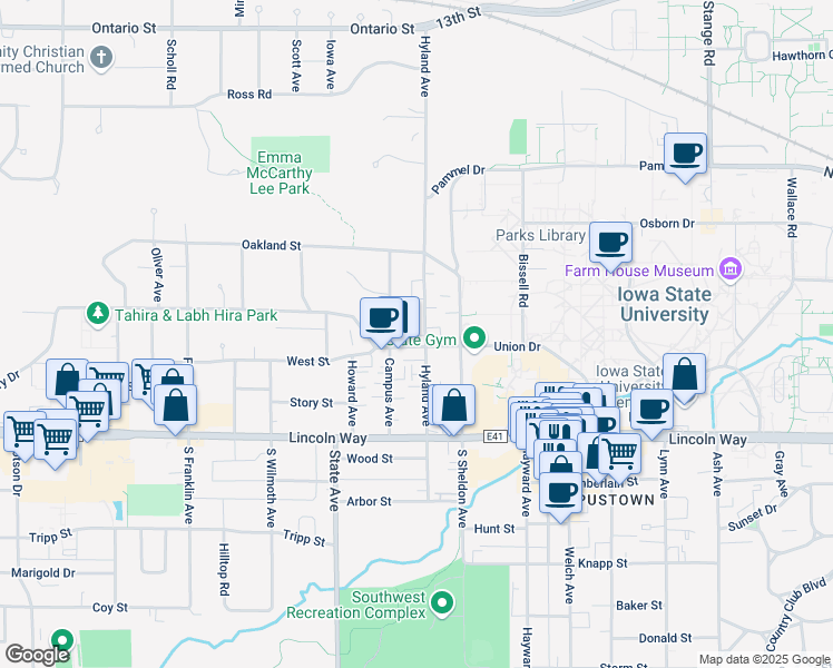 map of restaurants, bars, coffee shops, grocery stores, and more near 2721 West Street in Ames