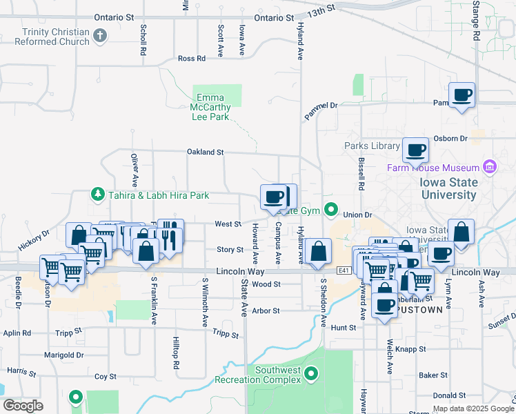 map of restaurants, bars, coffee shops, grocery stores, and more near 2921 Woodland Street in Ames