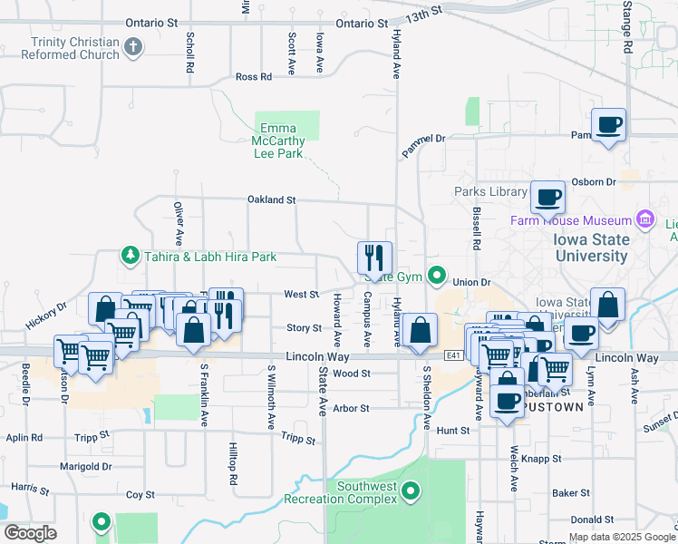 map of restaurants, bars, coffee shops, grocery stores, and more near 2921 Woodland Street in Ames