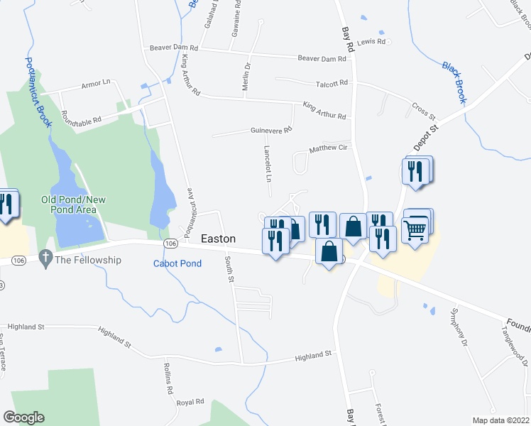 map of restaurants, bars, coffee shops, grocery stores, and more near 44 Gas Light Lane in Easton