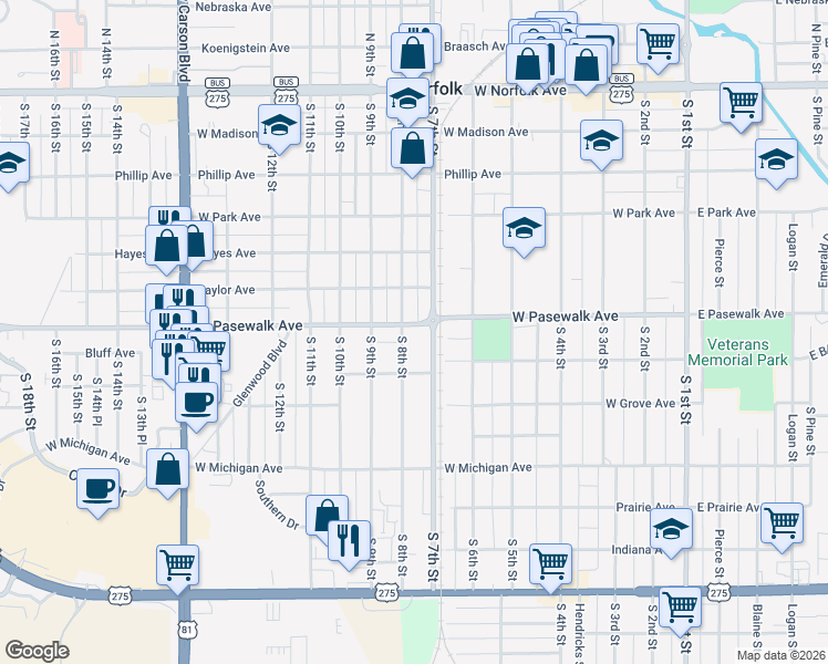 map of restaurants, bars, coffee shops, grocery stores, and more near 701-735 South 8th Street in Norfolk