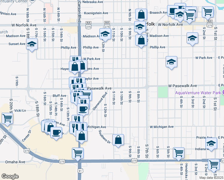 map of restaurants, bars, coffee shops, grocery stores, and more near 700 South 11th Street in Norfolk