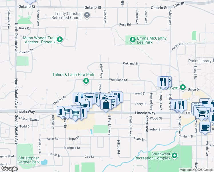 map of restaurants, bars, coffee shops, grocery stores, and more near 316 North Franklin Avenue in Ames
