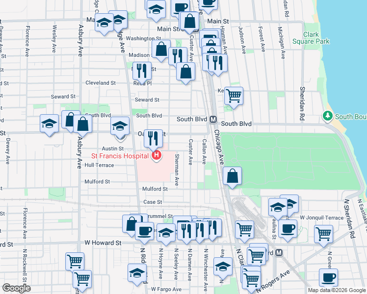 map of restaurants, bars, coffee shops, grocery stores, and more near 715 Austin Street in Evanston