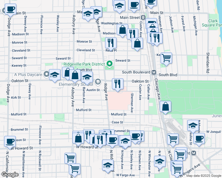 map of restaurants, bars, coffee shops, grocery stores, and more near 901 Austin Street in Evanston