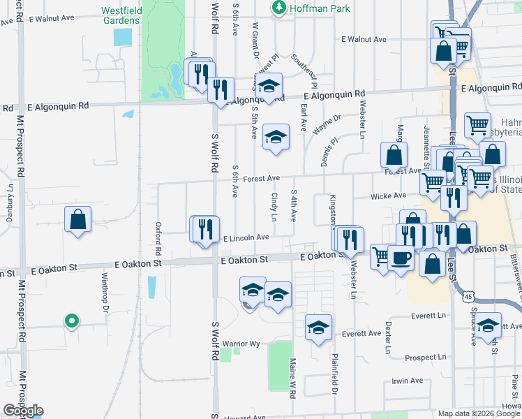 map of restaurants, bars, coffee shops, grocery stores, and more near 1484 Cindy Lane in Des Plaines
