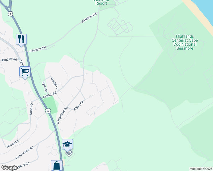 map of restaurants, bars, coffee shops, grocery stores, and more near 16 Moses Way in Truro