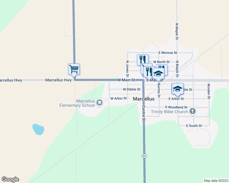 map of restaurants, bars, coffee shops, grocery stores, and more near 286 West Arbor Street in Marcellus