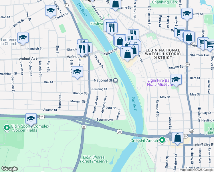 map of restaurants, bars, coffee shops, grocery stores, and more near 72 Harding Street in Elgin