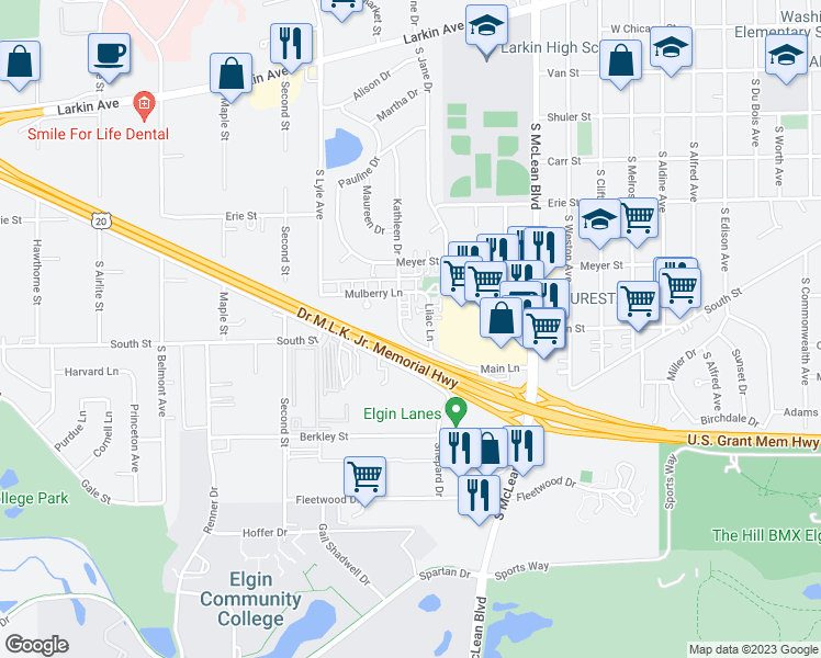 map of restaurants, bars, coffee shops, grocery stores, and more near 329 Kathleen Drive in Elgin