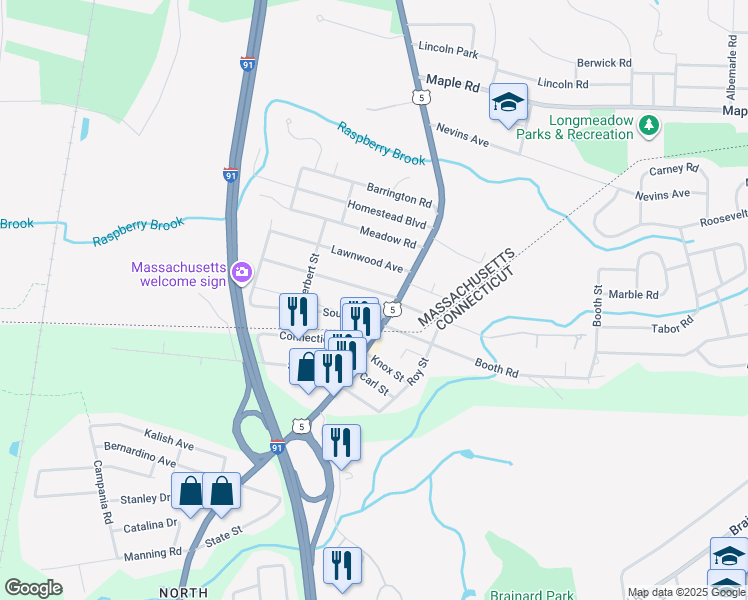 map of restaurants, bars, coffee shops, grocery stores, and more near 25 Massachusetts Avenue in Longmeadow