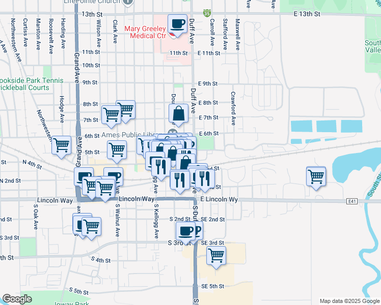 map of restaurants, bars, coffee shops, grocery stores, and more near 101 Main Street in Ames