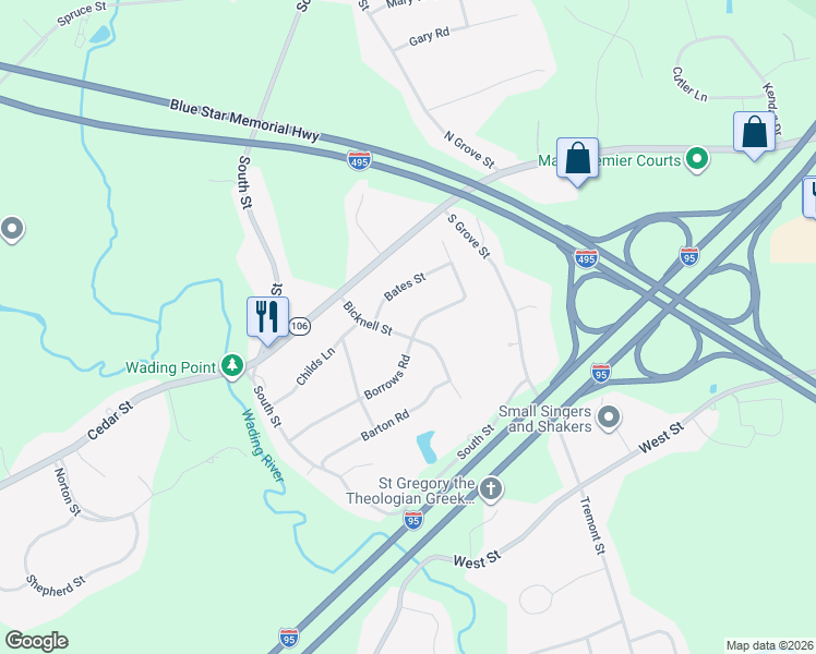 map of restaurants, bars, coffee shops, grocery stores, and more near 49 Borrows Road in Foxborough