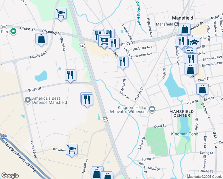 map of restaurants, bars, coffee shops, grocery stores, and more near 290 West Street in Mansfield