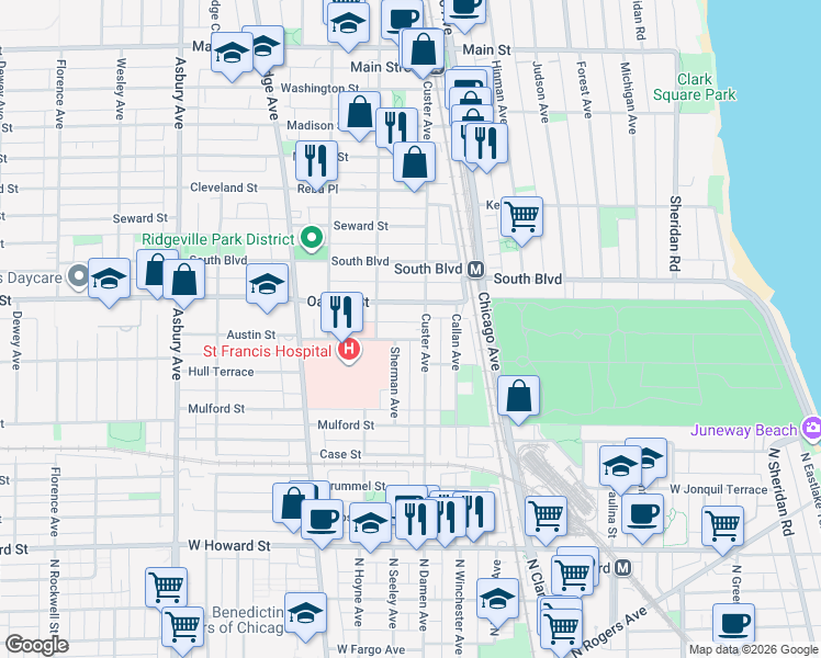 map of restaurants, bars, coffee shops, grocery stores, and more near 715 Austin Street in Evanston