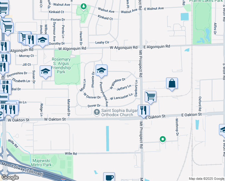 map of restaurants, bars, coffee shops, grocery stores, and more near 175 West Windsor Drive in Des Plaines