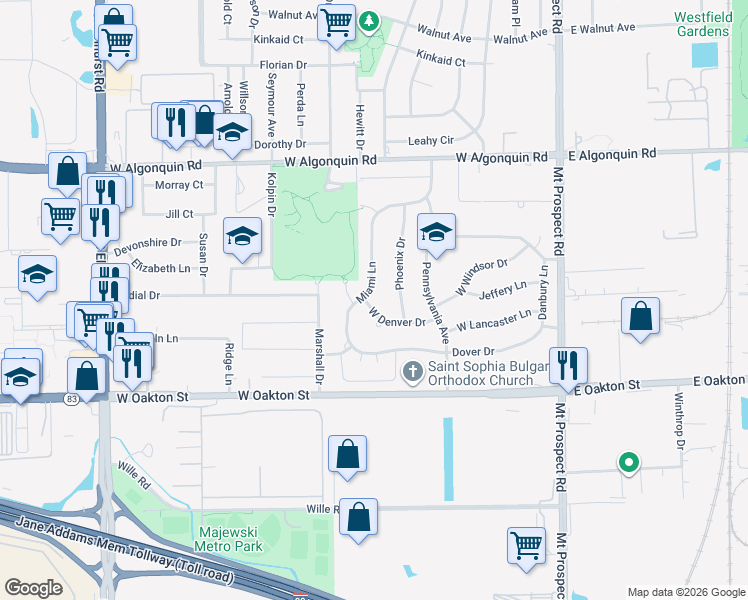 map of restaurants, bars, coffee shops, grocery stores, and more near 300 West Denver Drive in Des Plaines